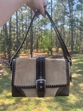 Coach Two-Tone Tan Suede and Dark Brown Leather Shoulder Bag
